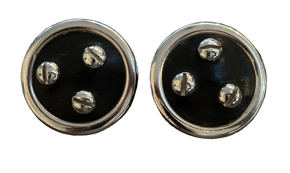 Vintage 1980s BERGERE Black Faux Leather Screw Head Button Clip On Earrings